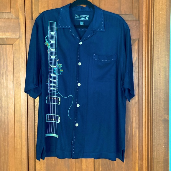 GUITAR EMBROIDERED 100% SILK LIMITED EDITION BUTTON DOWN~LANSKY BROS/NAT NAST-LG - Picture 1 of 11